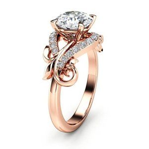 Rose Gold Flower Diamond Ring 925 Sterling Silver Titanium SZ:6-8 FAST SHIPPING!